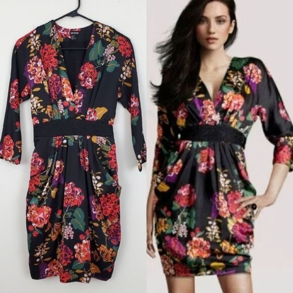 H&M Conscious Collection Floral Dress satin Pockets & Tie Belt Black Size 12 - Picture 5 of 5